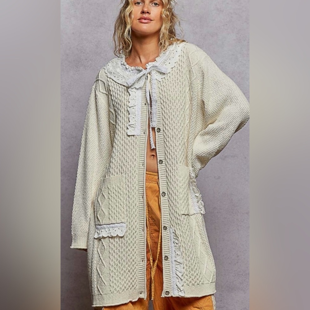 NEW Boutique POL: “The Lillie”Elegant Cream Knit Cardigan with Lace Trim